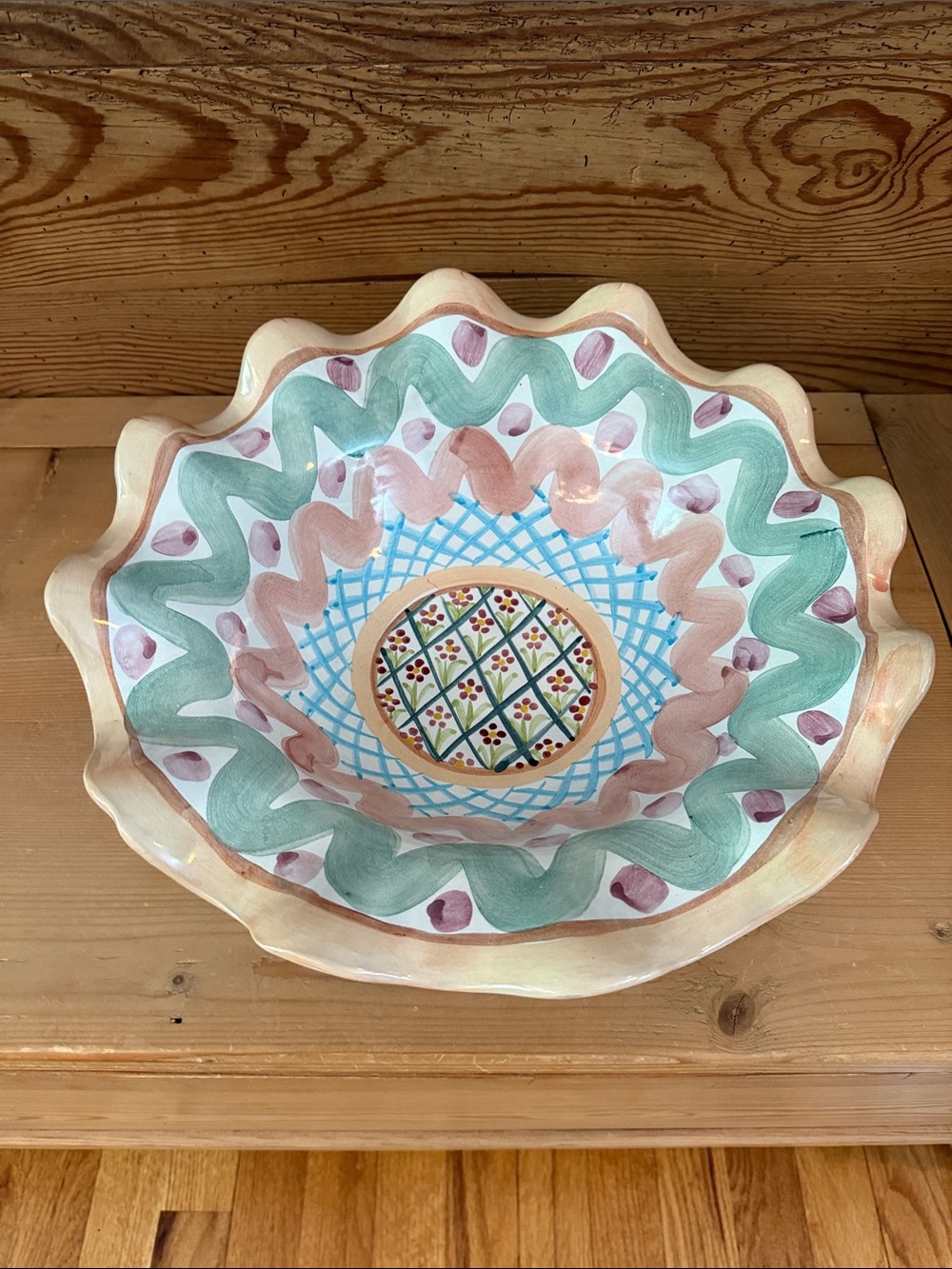 Mackenzie-Childs Large Vintage Ceramic Bowl w/Fluted Edge- Heather Pattern